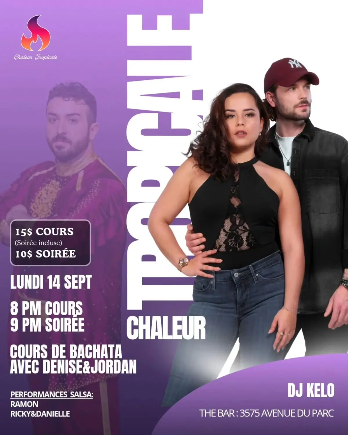 Affiche de la soirée Chaleur Tropicale du 14 septembre, avec Denise et Jordan